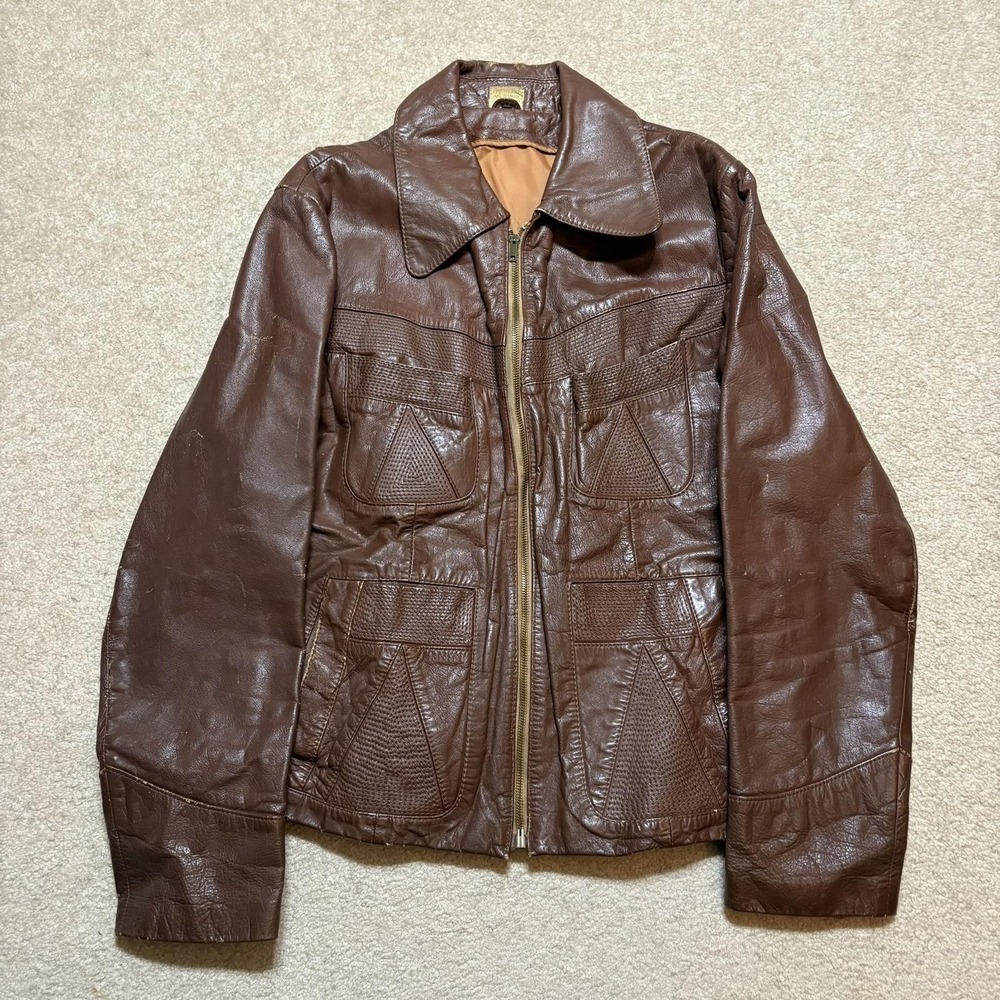 Vtg 60s 70s Leather Bomber Jacket Mens 42 Brown Western Made Korea Distressed